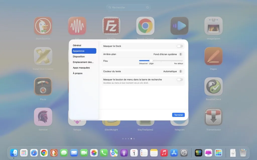 Comment restaurer le Launchpad classique sur macOS Tahoe (BuhoLaunchpad) 5 buholaunchpad ajuster le flou ou le desactiver totalement