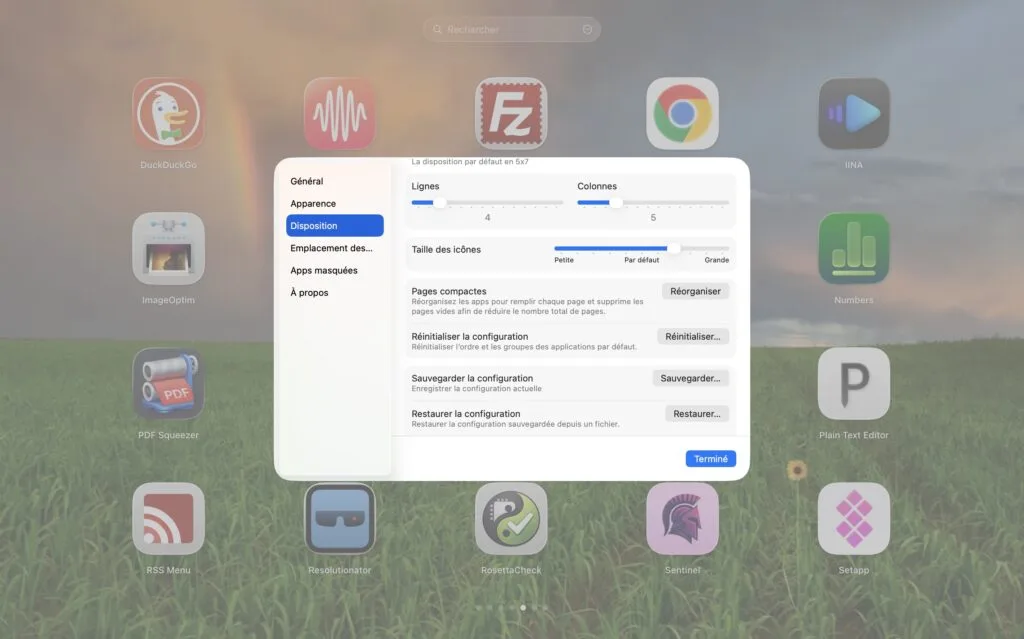 Comment restaurer le Launchpad classique sur macOS Tahoe (BuhoLaunchpad) 7 buholaunchpad sauvegarder restaurer reinitialiser configuration