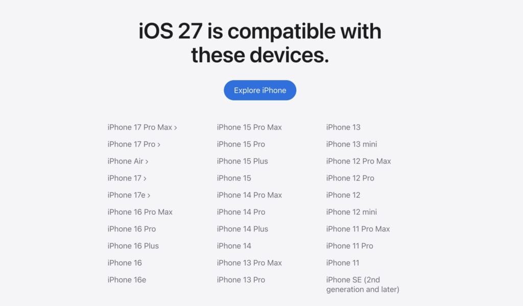 iOS 27 appareils compatibles