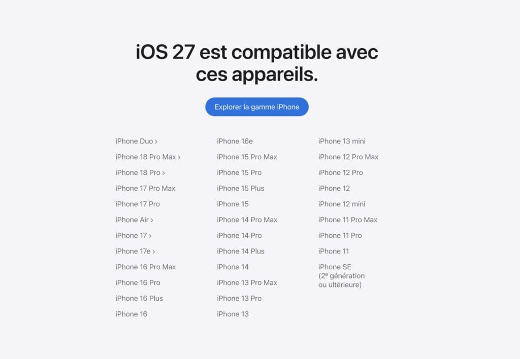 Liste des iPhone compatibles iOS 27 1 iOS 27 appareils compatibles iphone duo iphone 18 pro