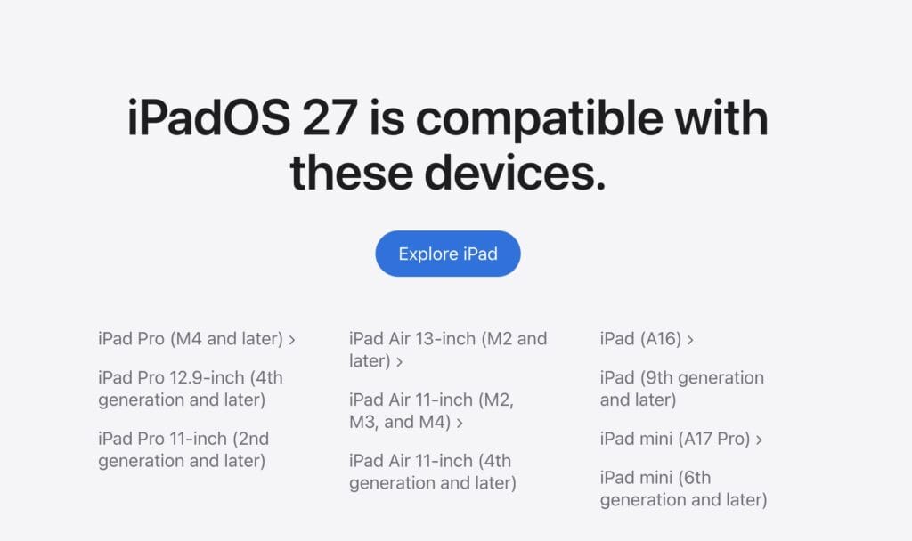 iPad compatibles iPadOS 27