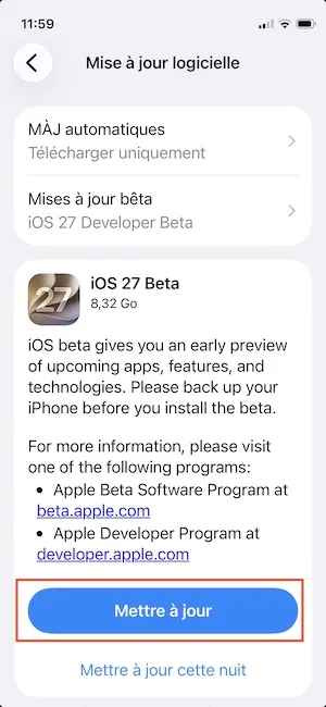 installation ios 27 iphone tuto