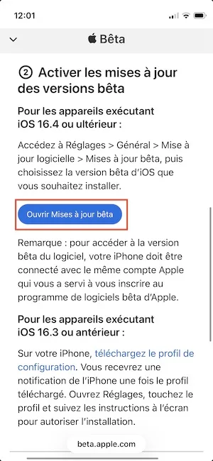 Comment installer iOS 27 sur iPhone (bêta) 2 ios 27 ouvrir mise a jour beta