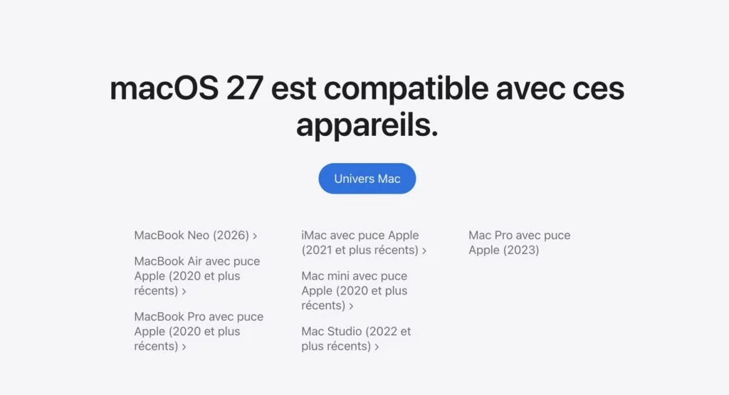 Liste des Mac compatibles macOS 27 Golden Gate 1 macOS Golden Gate 27 mac compatibles mac mini 2026 mac studio imac