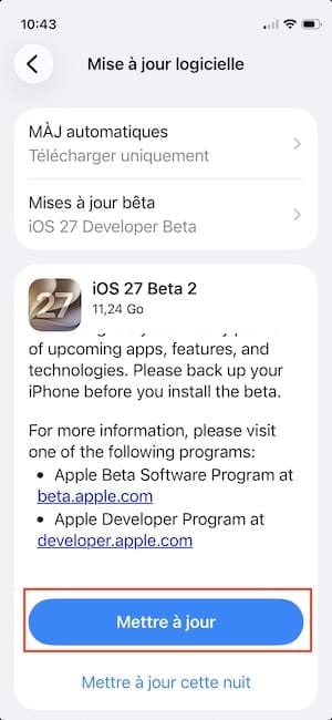 Télécharger iOS 27 beta 2 et iPadOS 27 (Liens IPSW) 2 maj iOS 27 beta 2 iphone