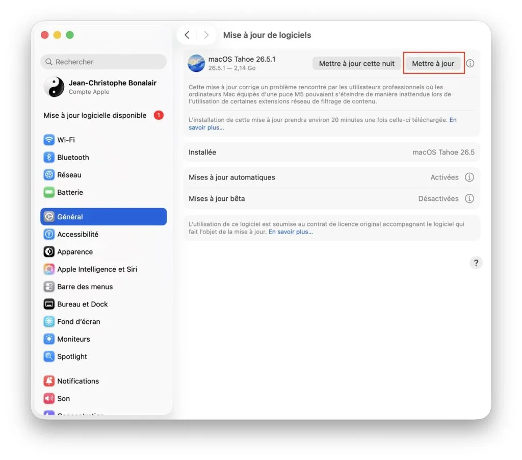 Télécharger macOS Tahoe 26.5.1 en version finale (liens directs PKG + IPSW) 1 mise a jour logiciel macos tahoe 26.5.1