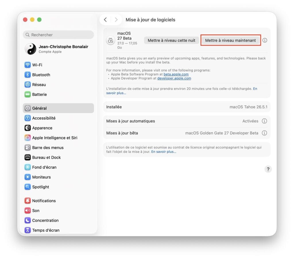 mise a jour macos 27 golden gate pour Mac