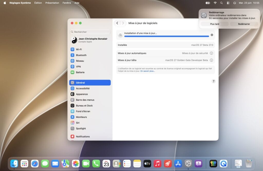 redemarrer macOS Golden Gate 27 beta 2 Mac