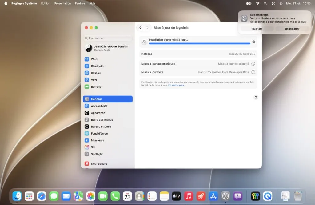 redemarrer macOS Golden Gate 27 beta 2 Mac