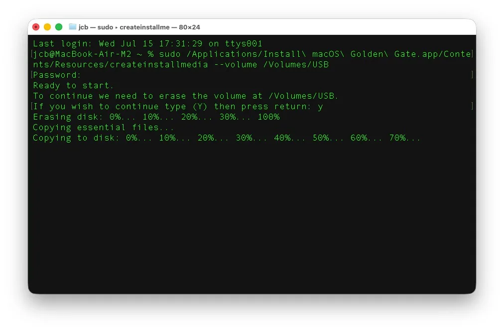 Comment faire une installation propre macOS Golden Gate 27 5 cle bootable macOS Golden Gate 27 terminal