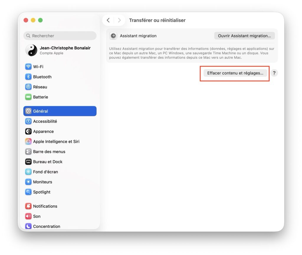 effacer contenu et reglages macos golden gate