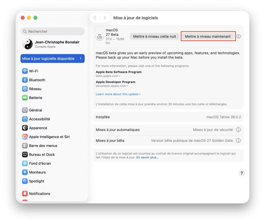 Comment installer macOS 27 Golden Gate beta publique, développeur... 3 mettre a niveau macos golden gate 27