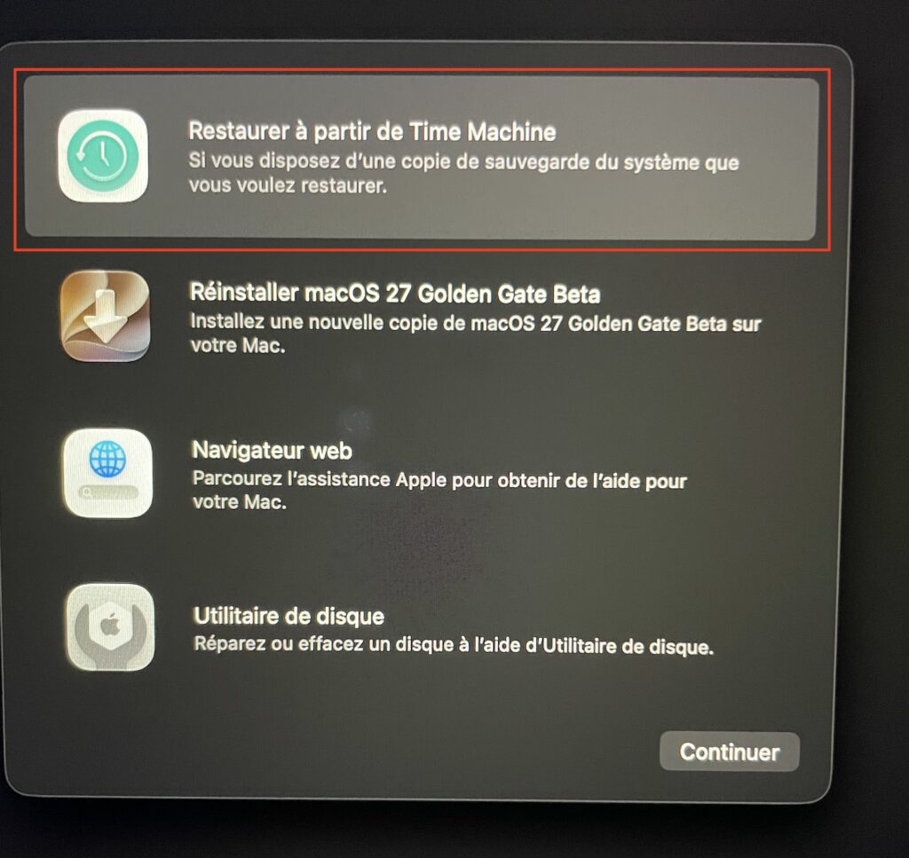 restaurer macos tahoe depuis Time Machine