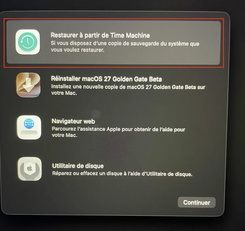 restaurer macos tahoe depuis Time Machine