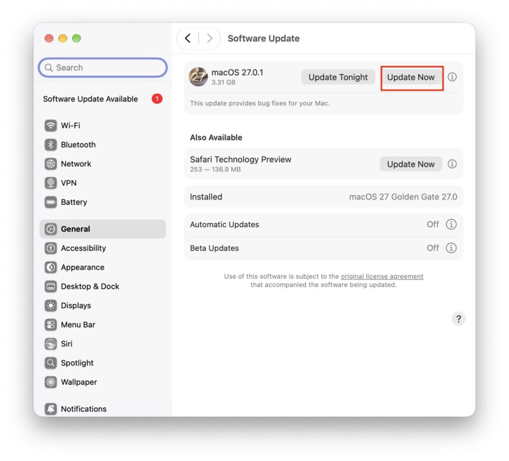 Télécharger macOS Golden Gate 27.0.1 en version finale (liens directs PKG + IPSW) 1 macOS Golden Gate 27.0.1