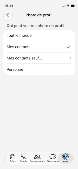 Photo de profil WhatsApp : comment choisir qui peut la voir (et la masquer) ? 3 whatsapp masquer photo de profil